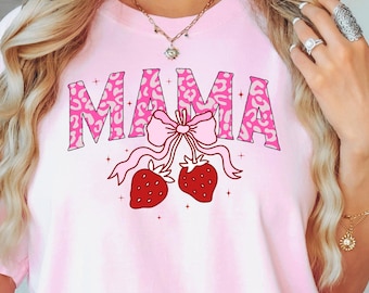 Mama Shirt Comfort Colors Ivory Tee, Pink Leopard Print Mama with Strawberries, Cute Mom Aesthetic T-Shirt, Mother’s Day Gift.