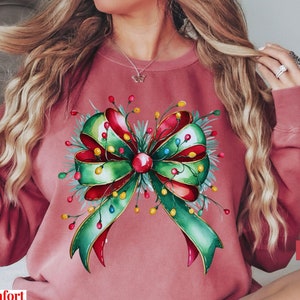 Comfort Colors Christmas Bow Sweatshirt: Coquette Holiday Lights Tee