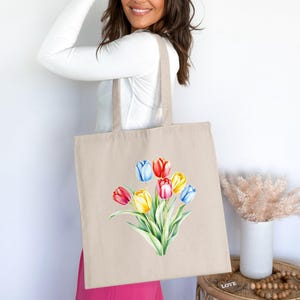 Colorful Tulip Flower Tote Bag: Reusable Cotton Shopping Bag