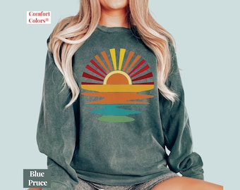 Retro Sunset Rays Comfort Colors Sweatshirt: Wavy Sunshine Tee