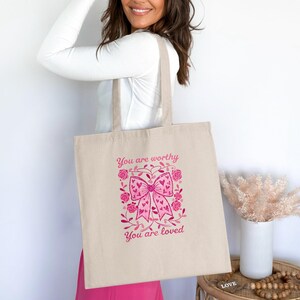 You are Worthy You are Loved Tote Bag, Motivational Quote Tote Bag, Inspirational Gift Bag, Floral Print Tote, Positive Message Bag.
