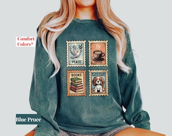 Vintage Stamps Sweatshirt: Peace Dove, Spaniel, Coffee & Books