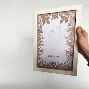 Das Geburtsposter, personalisierte Baby-Metriken, benutzerdefinierte Neugeborenenillustration mit Papierschnittrahmen