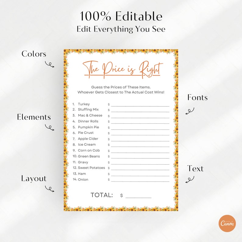 Thanksgiving Price is Right Printable Guessing Game for Turkey Day Fun ...