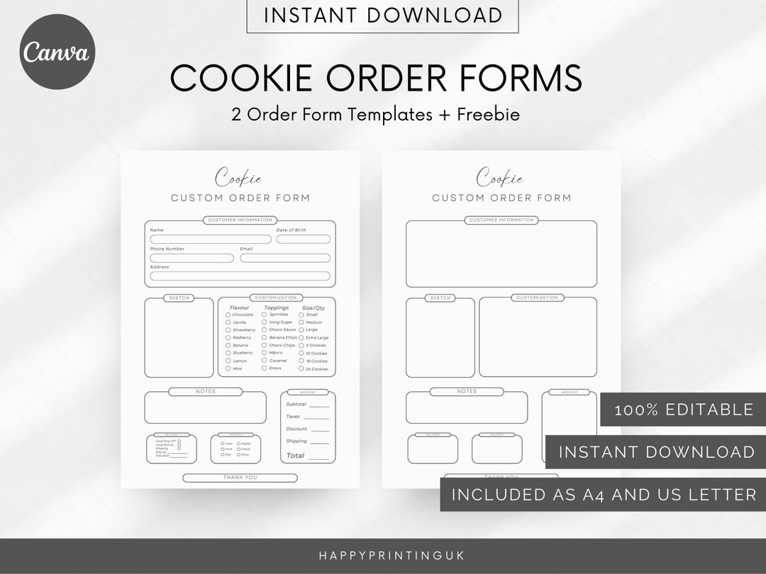 Cookie Order Form, Bakery Business Forms Bundle, Cookie Printable Shop