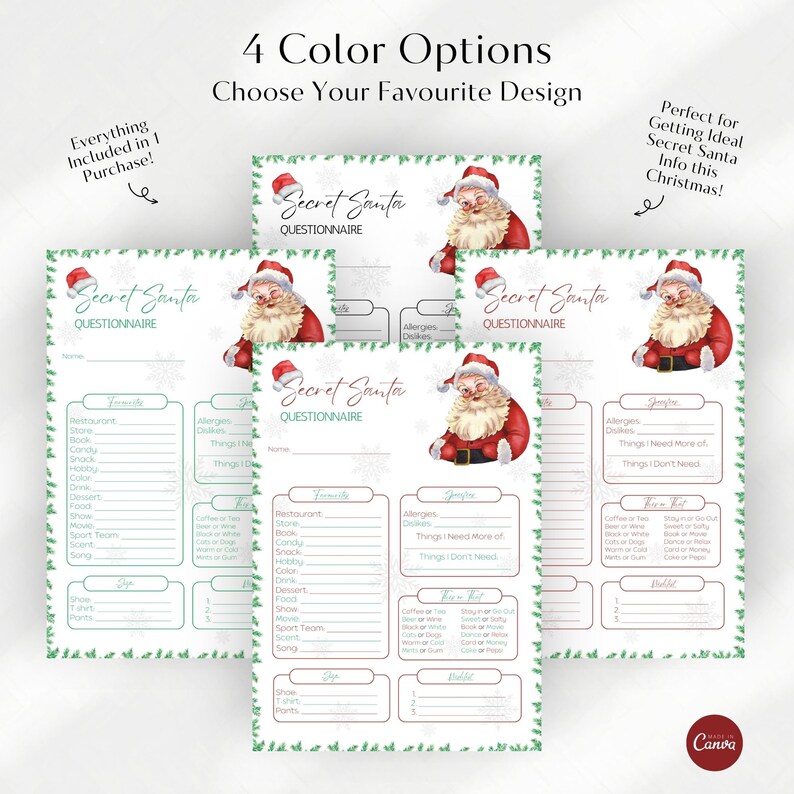 Secret Santa Questionnaire Printable, Christmas Gift Exchange, Secret