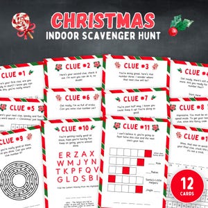 Caça ao tesouro de Natal em ambientes fechados, jogo de Natal para imprimir para crianças, dicas de caça ao tesouro de Natal, jogo de Natal para imprimir, PDF de Natal