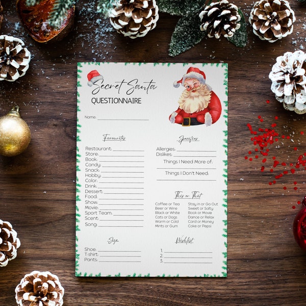 Secret Santa Questionnaire Printable, Christmas Gift Exchange, Secret Santa Form, Wish List, Gift Giving, Instant Download, PDF