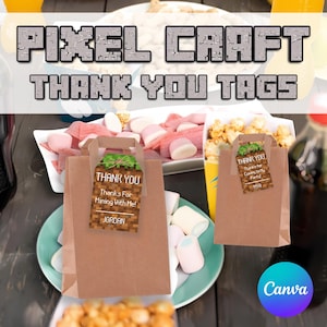 Pixel Craft Thank You Tags, Birthday Favor Gift Labels, Canva Video Game Party Favor, Cards for Goody Bags, Printable DIY Digital Download