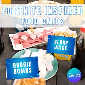 Fort Game Inspired Food Cards, Editable Fort Night Food Tents, Printable Video Game Food Label Cards, Table Signs for DIY Birthday Party