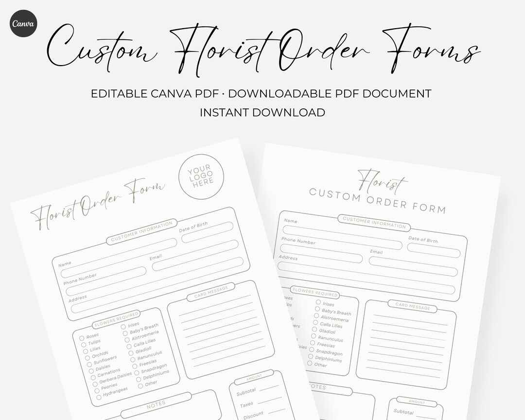 Flower Order Form Bundle for Events, Customizable Florist Order Form