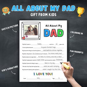Alles over mijn vader Afdrukbare vaderdagvragenlijst Vadercadeau van kinderen, DIY Vaderdag kleurkaartactiviteit, het blanco werkblad invullen