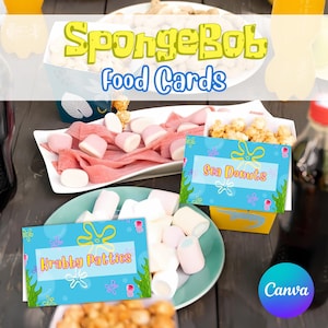 Editable Under the Sea Food Tent Labels, Spongebob Cartoon Birthday Party Cards Template, Printable Birthday Decorations, Instant Canva DIY