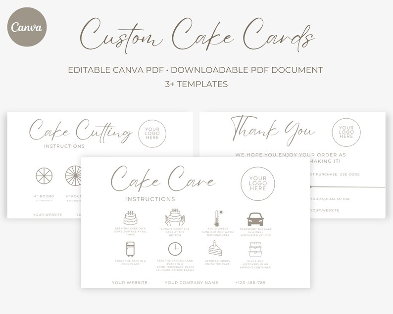 Cake Care Card Template, Cake Cutting Guide, Cake Business Thank You