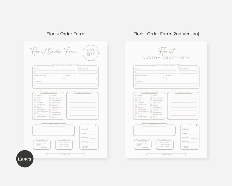 Flower Order Form Bundle for Events, Customizable Florist Order Form