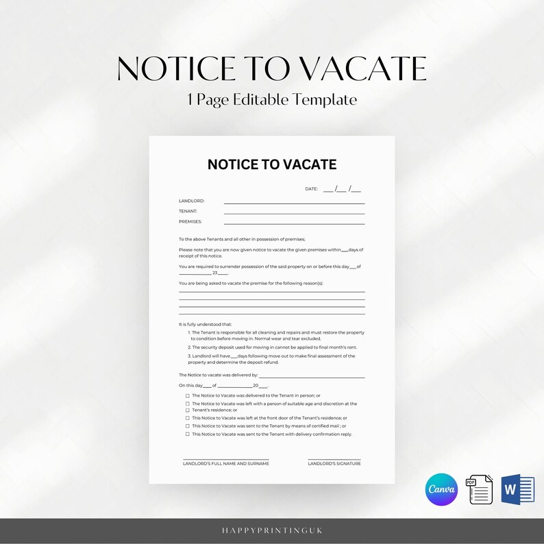 Notice to Vacate Premises, Lease Termination Form, Eviction Notice