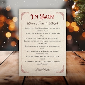 Printable I’m Back Elf Arrival Letter, Fun Elves Arrive For Christmas Ideas, Cute North Pole Welcome Letter from Santa for Kids Template