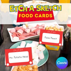 Editable Etch a Sketch Food Tent Cards, Toy Story Themed Party Labels, DIY Birthday Decorations, Canva Template, Instant Digital Download