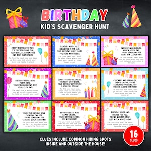 Geburtstags-Schnitzeljagd druckbar, Schatzsuche-Hinweiskarten, Kinder-Geburtstags-Partyspiele, Jagd zu Hause bearbeitbar, Jungen- und Mädchen-Geburtstags-Rätsel