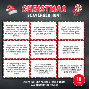 Carte per la caccia al tesoro di Natale, indizi per la caccia al tesoro di Natale, gioco di Natale stampabile per bambini, puzzle per adolescenti al chiuso, download digitale PDF