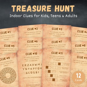 Búsqueda del tesoro en interiores para niños, pistas del juego de búsqueda del tesoro para adolescentes, búsqueda del tesoro para niños mayores, búsqueda del tesoro en fiestas de cumpleaños