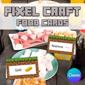 Pixel Craft Food Cards, Editable Pixel Craft Food Tents, Printable Video Game Food Label Cards, Table Signs for DIY Birthday Party
