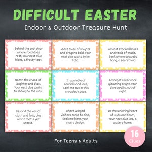 Difícil búsqueda del tesoro de Pascua en interiores y exteriores para niños mayores, pistas para el juego de búsqueda del tesoro para adolescentes, desafiante búsqueda de huevos de Pascua imprimible