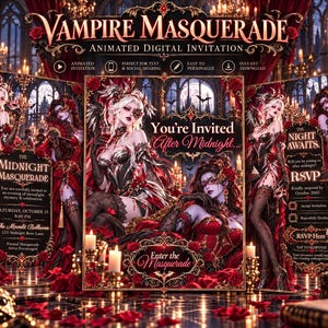 May include: An animated digital invitation for a Vampire Masquerade event. The design features gothic imagery with red roses, ornate gold frames, and figures in elaborate attire. Text includes 'Vampire Masquerade', 'You're Invited After Midnight', and 'RSVP'.
