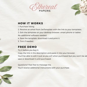 May include: A white background with black text explaining how to use a digital template. The text reads "HOW IT WORKS" and lists five steps. The text also reads "FREE DEMO" and explains how to use a free demo version of the template. The text also reads "Questions? Feel free to message me. You'll receive additional instructions with your purchase."