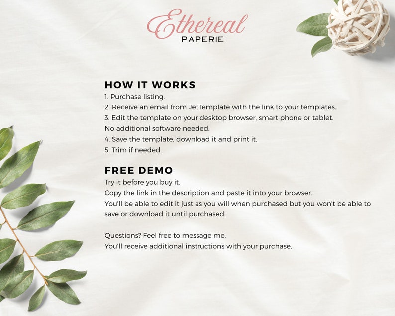 May include: A white background with black text explaining how to use a digital template. The text reads "HOW IT WORKS" and lists five steps. The text also reads "FREE DEMO" and explains how to use a free demo version of the template. The text also reads "Questions? Feel free to message me. You'll receive additional instructions with your purchase."