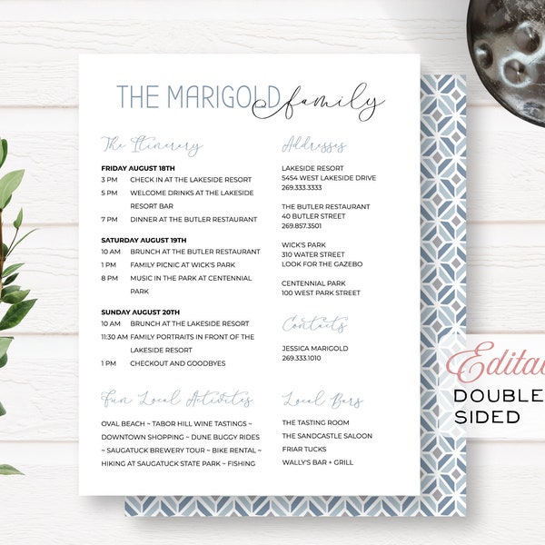 Modern Family Reunion Editable Customizable Event Itinerary + Details | Instant Download | Printable