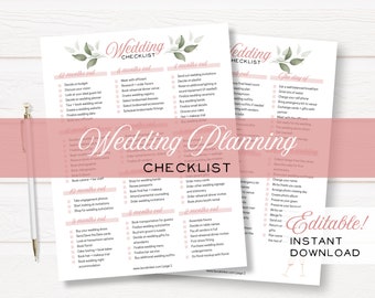 Op de afbeelding: Twee checklists voor het plannen van een bruiloft met een roze overlay en bloemaccenten. De checklists heten "Wedding Checklist" en bevatten een lijst met taken die 12 maanden van tevoren, 8 maanden van tevoren, 4 maanden van tevoren, enz. moeten worden voltooid. De tekst "Editable! Instant Download" is ook zichtbaar.