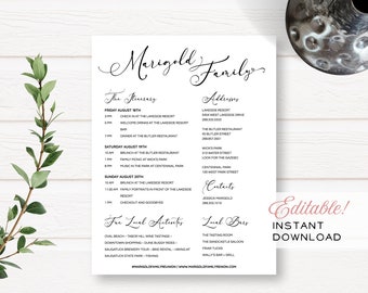 Minimalist Family Reunion Editable Customizable Event Itinerary + Details | Instant Download | Printable