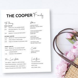 May include: A black and white printable itinerary for a family weekend getaway. The itinerary includes a schedule of events for Friday, Saturday, and Sunday, with details about the location, time, and activity. The itinerary also includes a list of local attractions and restaurants.