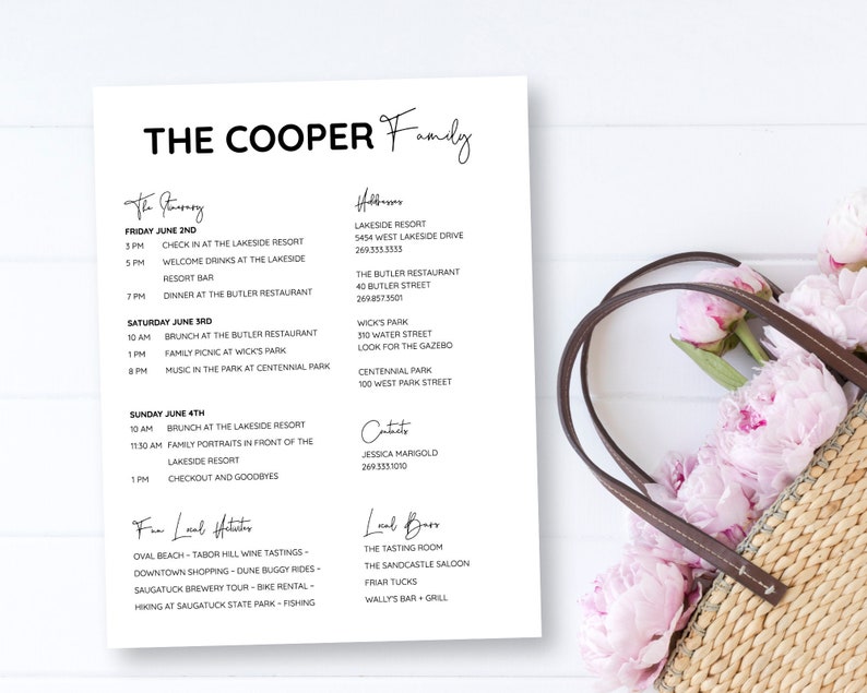 May include: A black and white printable itinerary for a family weekend getaway. The itinerary includes a schedule of events for Friday, Saturday, and Sunday, with details about the location, time, and activity. The itinerary also includes a list of local attractions and restaurants.