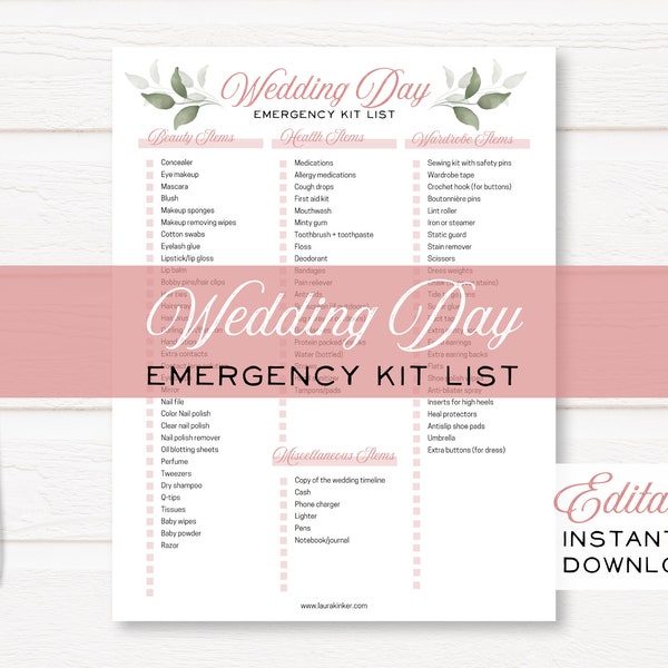 Printable Wedding Day Emergency Kit Checklist  | Instant Download