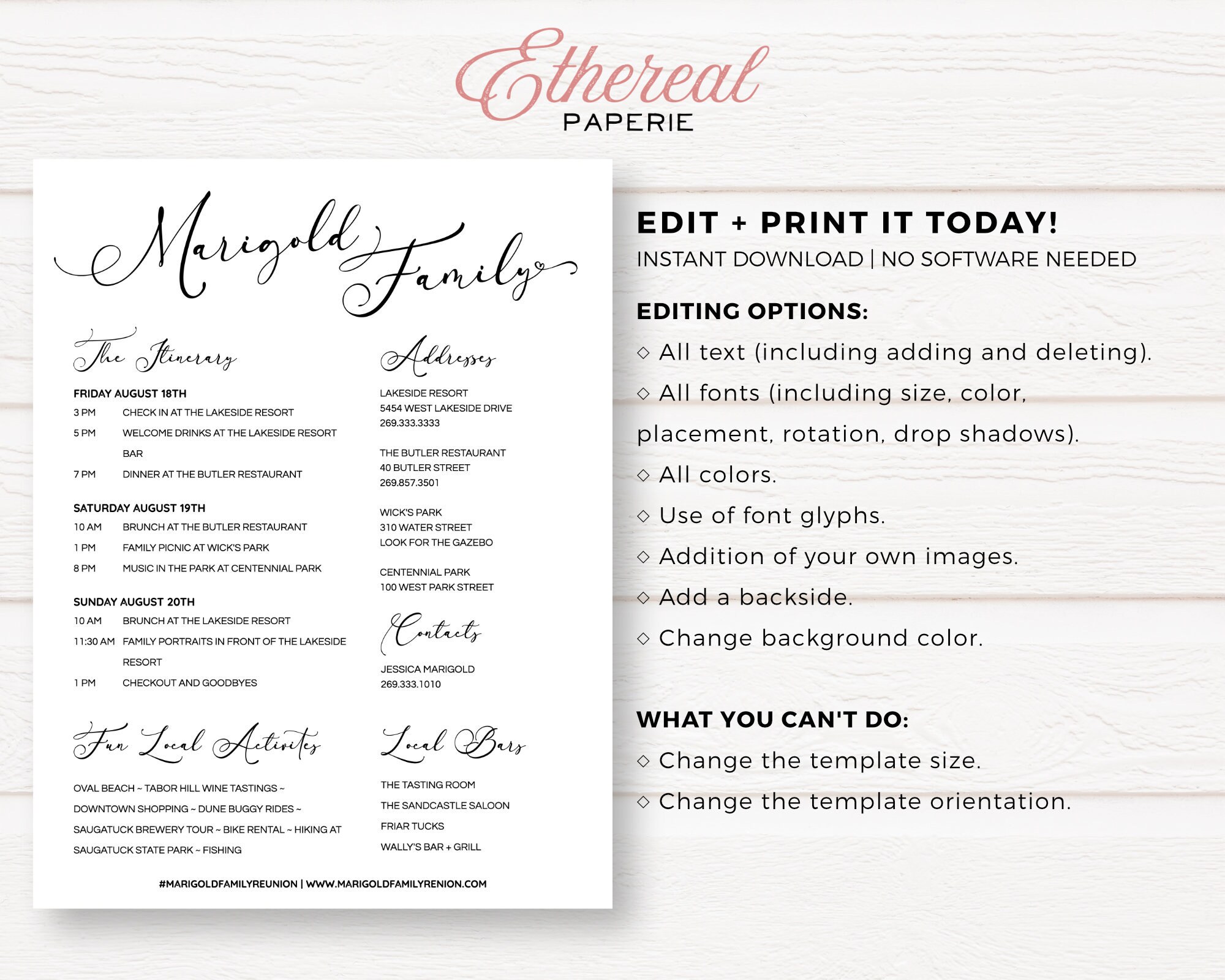 Minimalist Family Reunion Editable Customizable Event Itinerary ...