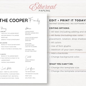 May include: A printable wedding weekend itinerary template for the Cooper family. The template includes a schedule of events for Friday, Saturday, and Sunday, with locations and times for each event. The template also includes a list of local attractions and bars.