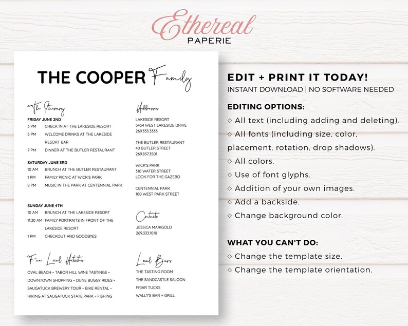 May include: A printable wedding weekend itinerary template for the Cooper family. The template includes a schedule of events for Friday, Saturday, and Sunday, with locations and times for each event. The template also includes a list of local attractions and bars.