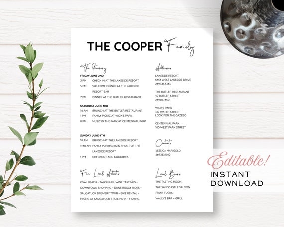 Simple Family Reunion Editable Customizable Event Itinerary + Details | Instant Download | Printable