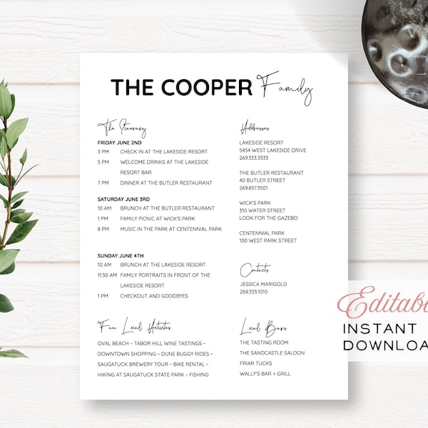 Simple Family Reunion Editable Customizable Event Itinerary + Details | Instant Download | Printable