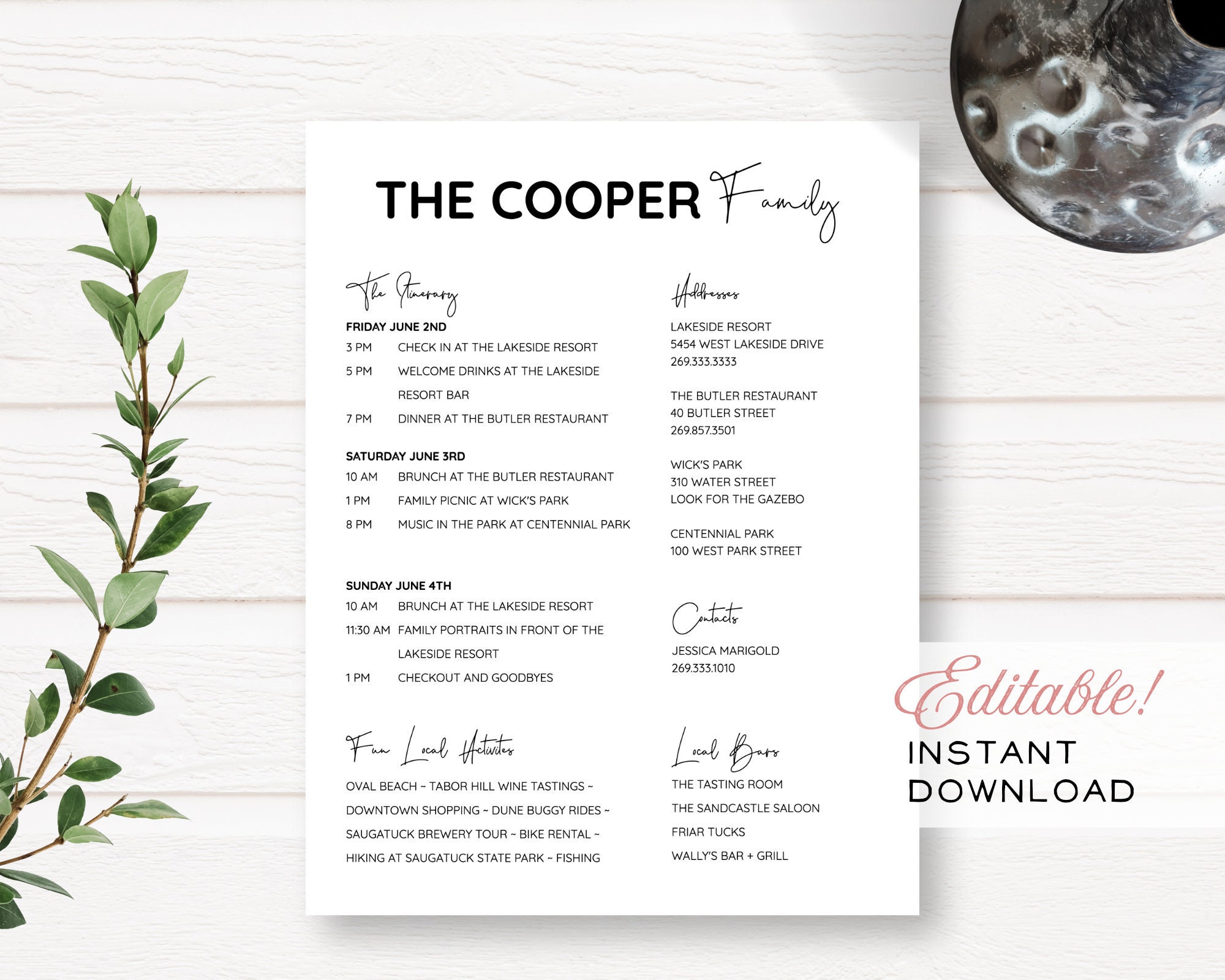 Simple Family Reunion Editable Customizable Event Itinerary + Details | Instant Download | Printable