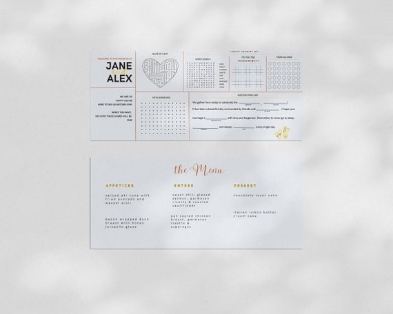 Wedding Reception Games and Menu table card
