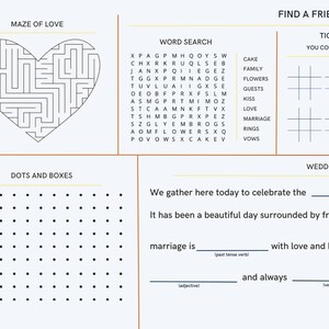 May include: A wedding reception game card with a variety of games for guests to play, including a word search, a maze, a tic-tac-toe game, and a connect four game. The card also includes a mad libs game and a section for guests to write well wishes to the happy couple.