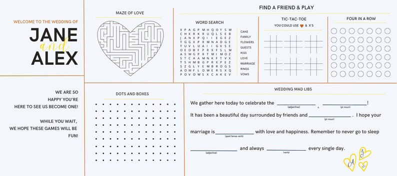 May include: A wedding reception game card with a variety of games for guests to play, including a word search, a maze, a tic-tac-toe game, and a connect four game. The card also includes a mad libs game and a section for guests to write well wishes to the happy couple.