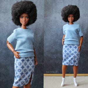Skirt and Blue t-shirt for doll, outfit for curvy doll, clothing for doll size 1/6, set of clothes for fashion doll, doll accessories