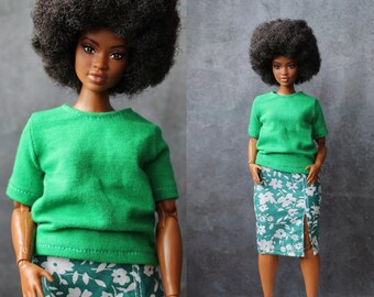 Handmade Green Skirt & T-Shirt Outfit for 1/6 Scale Curvy Doll