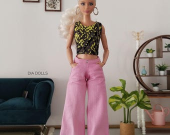 人形用の幅広ピンクのジーンズとトップス、カーヴィーな人形用のカジュアルな服装、1/6サイズの人形用のモダンな服、人形のファッション、人形用のアクセサリー