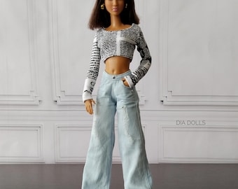 Jeans larghi blu e crop top per bambola, outfit per bambola formosa, abbigliamento moderno per bambola taglia 1/6, moda per bambole, accessori per bambola