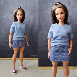 Blue skirt and t-shirt for doll, outfit for curvy doll, clothing for doll size 1/6, set of clothes, fashion doll, doll accessories, DiaDolls